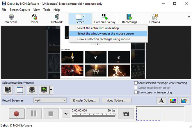Selecting a screen recording source in Debut screenshot
