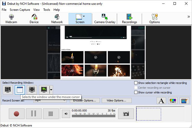 Selecting a recording screen in Debut screenshot