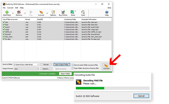 using Switch file conversion software to convert media files to mp3 format