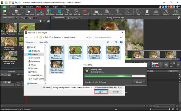 Importing video files into VideoPad