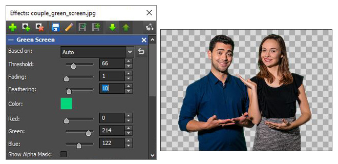 Adjusting green screen color threshold in VideoPad screenshot
