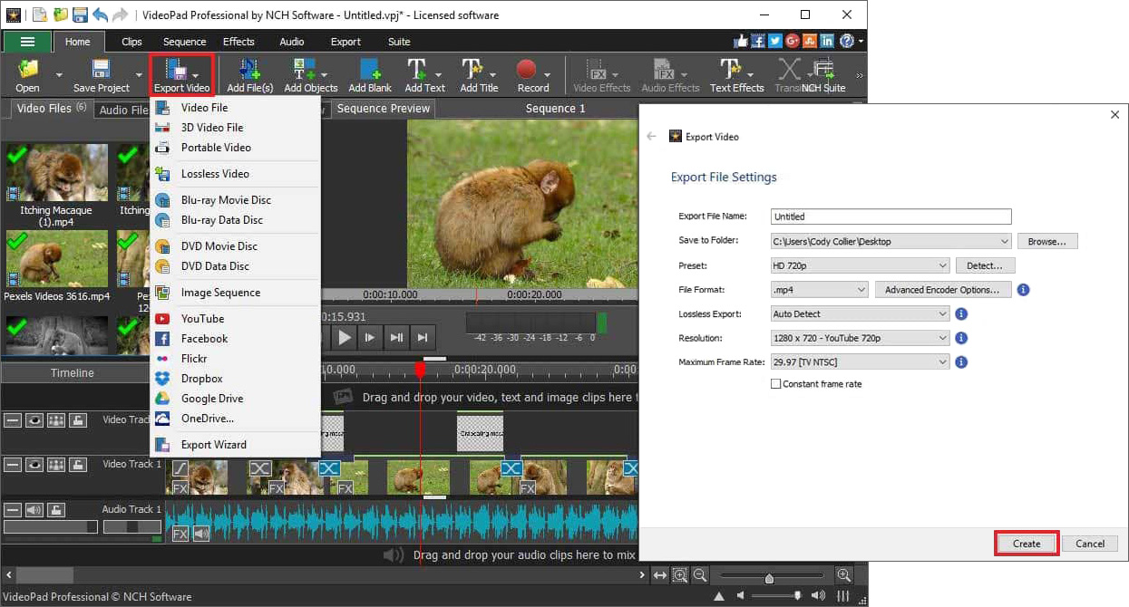 Exporting videos in VideoPad