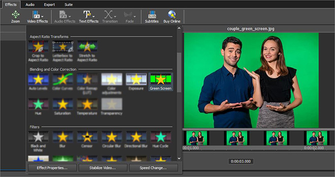 Applying the green screen effect in VideoPad screenshot