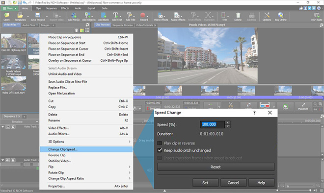 Change video clip speed in VideoPad screenshot