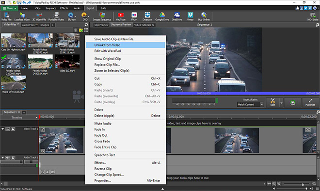 Unlink audio from video in VideoPad Video Editing Software
