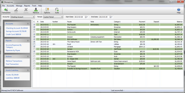 MoneyLine Personal Finance Software Screenshot