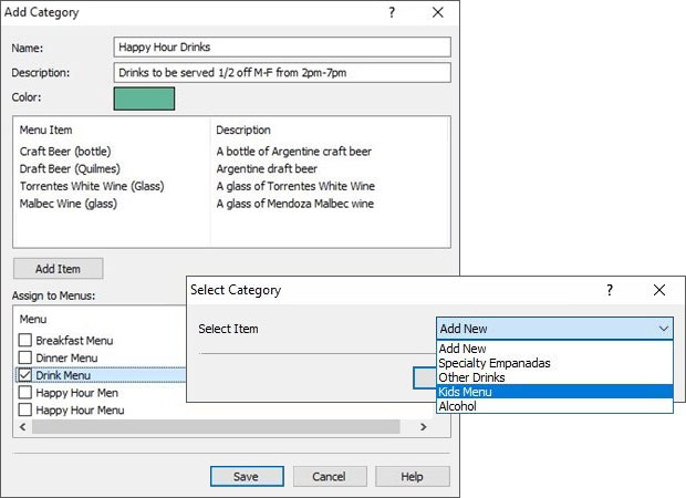 Capture d'écran des différentes catégories dans Copper logiciel PDV pour restaurant