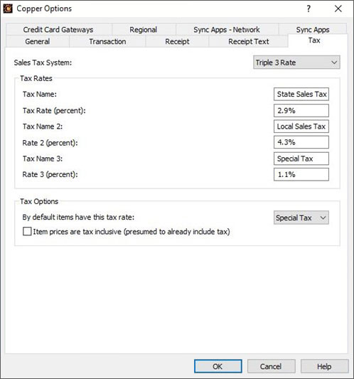 Capture d'écran qui montre les taux de taxe dans Copper logiciel PDV