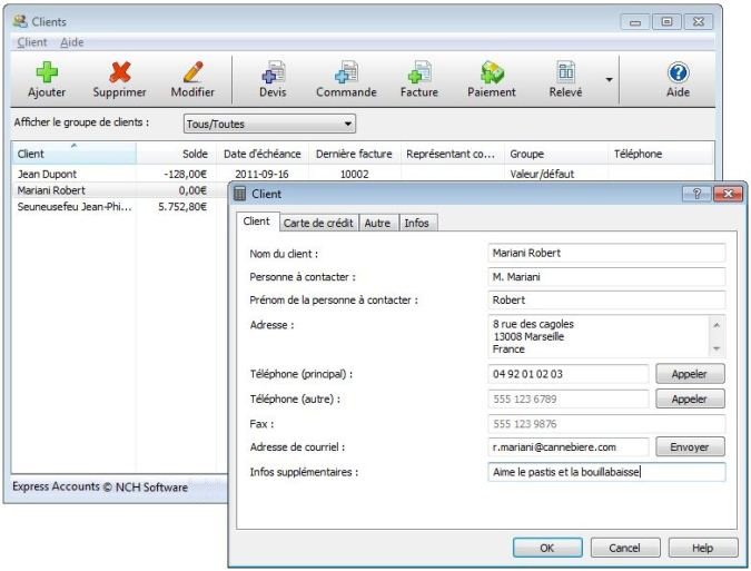 Capture d'écran des détails clients dans Express Accounts - Logiciel de comptabilité