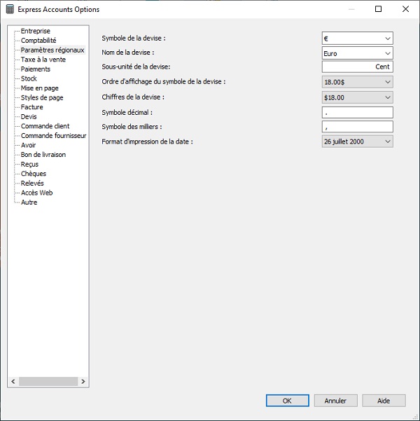 Capture d'écran des options de Express Accounts - Logiciel comptable