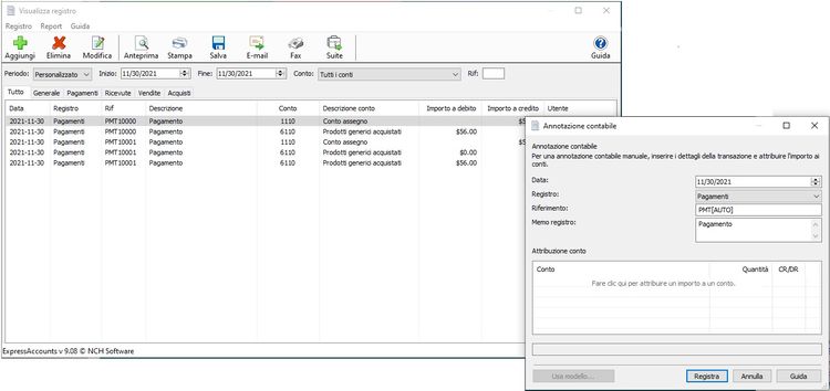 Schermate del registro di Express Accounts