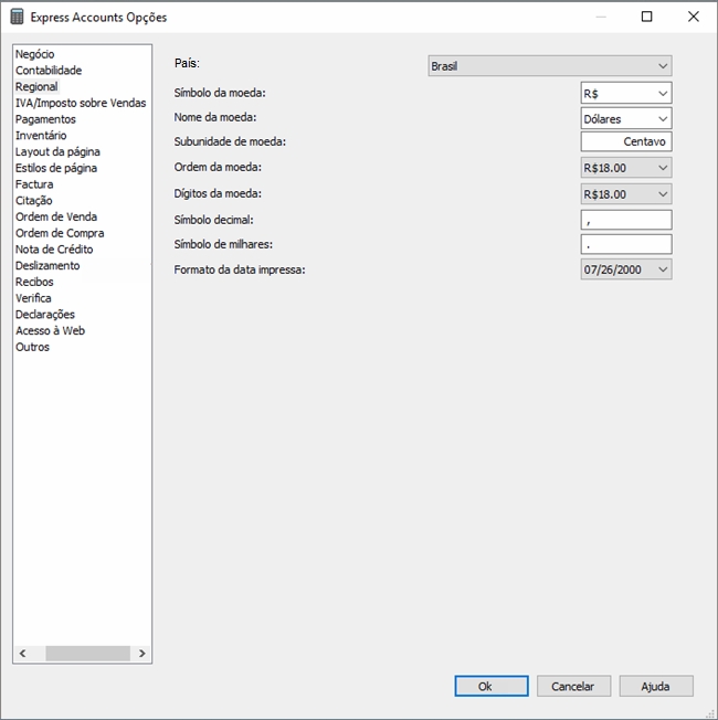 Captura de tela de opções de software de contabilidade de Express Accounts
