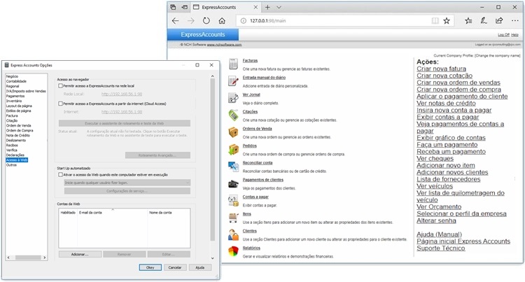 Captura de tela do console web do Software de Contabilidade Express Accounts