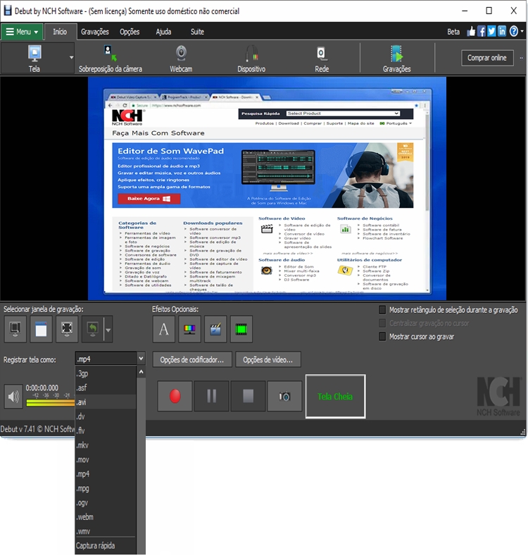 Captura de tela do Software de Captura de Vídeo de Tela de Estreia