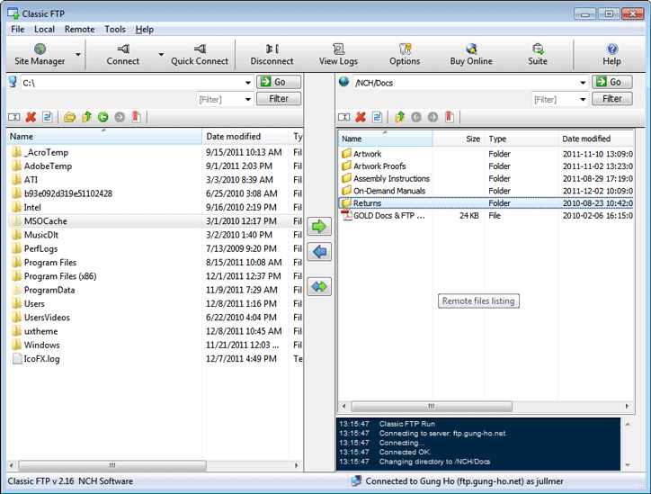 Classic FTP Bestandstransfersoftware hoofdvenster