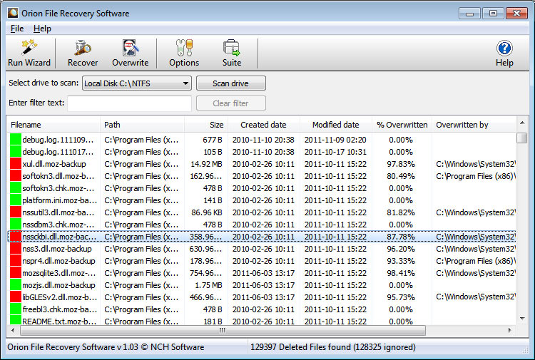 capturas de pantalla de orion, recuperación de archivos