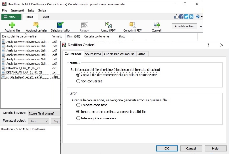 Screenshot delle opzioni del software Doxillion Document Converter