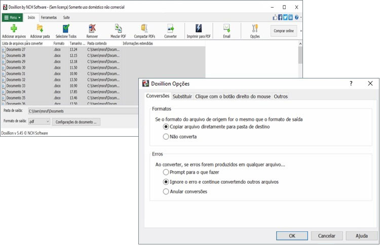 Captura de tela de opções de software do conversor de documentos Doxillion