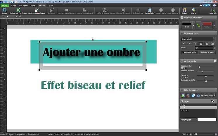 Capture d'écran de DrawPad pour ajouter du texte avec des effets d'ombre portée et de relief