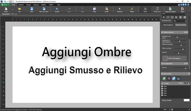 Aggiungi testo con effetti quali ombreggiatura e smussatura