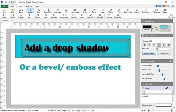 Add text with effects such as drop shadow and bevel DrawPad screenshot