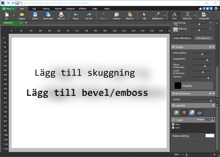 Lägg till text med effekter som skugga och avfasning DrawPad skärmdump