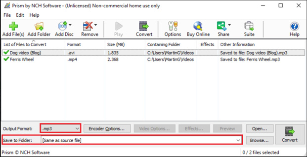 Seleccione sus archivos y elija MP3 o WAV en la lista Formato de salida