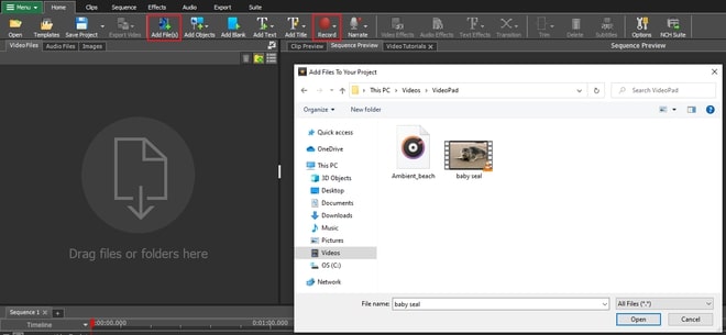 Imagen que muestra cómo importar archivos de video y música en VideoPad