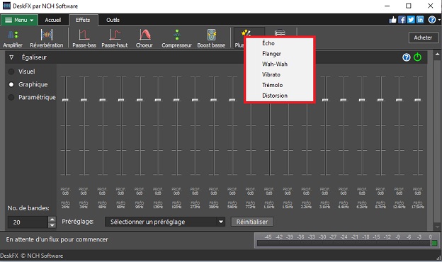 Les options du menu 'Plus d'effets' incluent Écho, Flanger, Wah-Wah, Vibrato, Trémolo et Distorsion