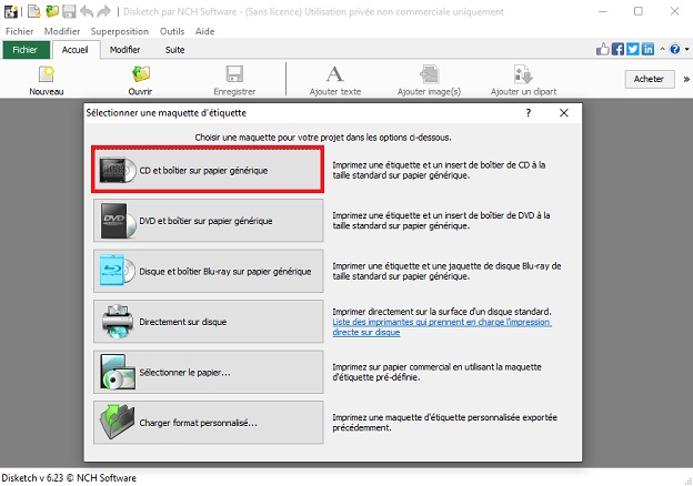 Cliquer sur CD et boîtier sur papier générique.