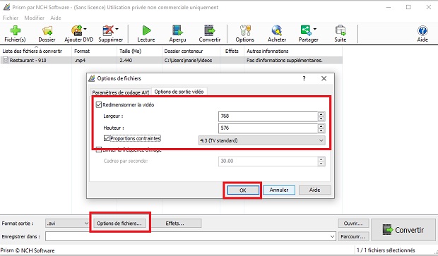 Changer la taille de la vidéo dans Options de fichier.