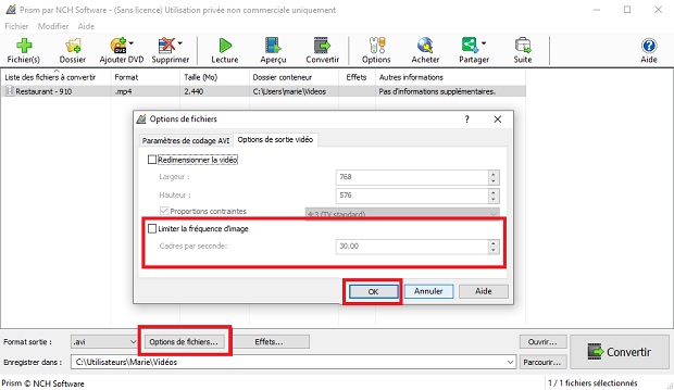 Réduire la fréquence d'image sous les options de fichiers.