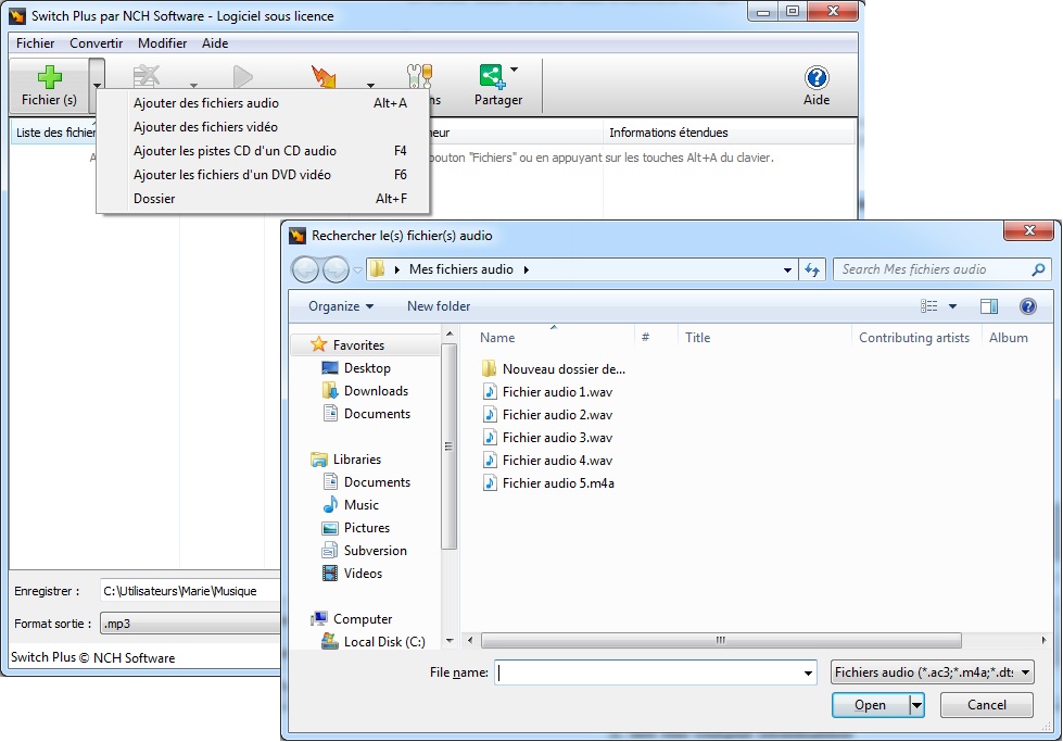 comment ajouter des fichiers à ajouter dans switch pour les convertir en mp3