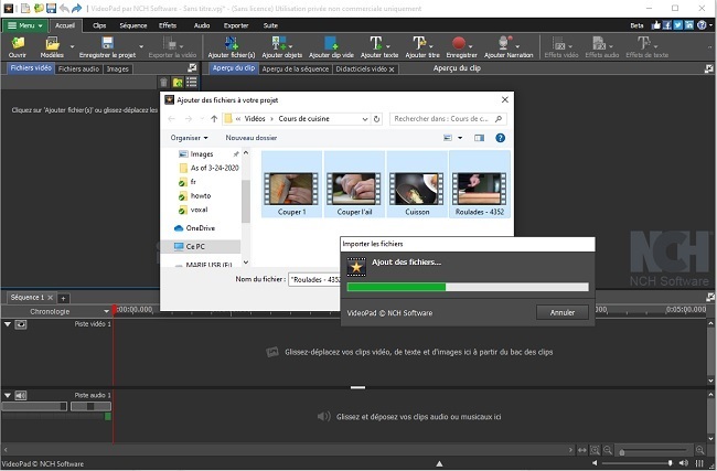 Capture d'écran pour importer les fichiers vidéo dans VideoPad