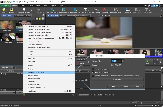 captures d'écran pour modifier la vitesse du clip dans VideoPad