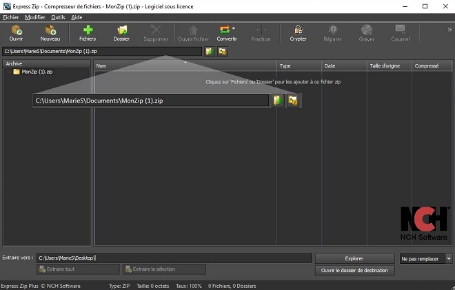 Capture d'écran de l'emplacement des fichiers zippés avec Express Zip File