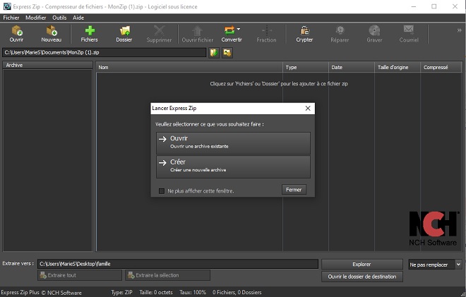 Capture d'écran de la création d'un fichier zip avec Express Zip