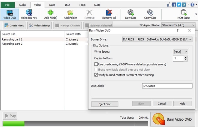 Immagine che mostra come masterizzare file video in Express Burn software di masterizzazione dischi