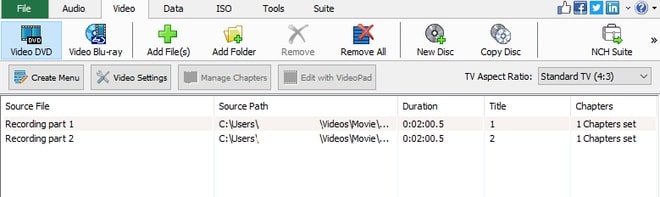 Immagine che mostra come importare file video in Express Burn software di masterizzazione dischi