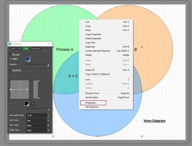 Image displaying how to edit the venn diagram design properties