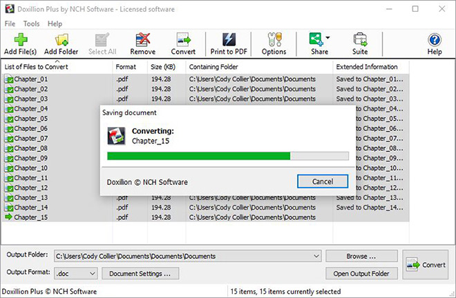Screenshot of document files being converted with Doxillion Document Converter Software