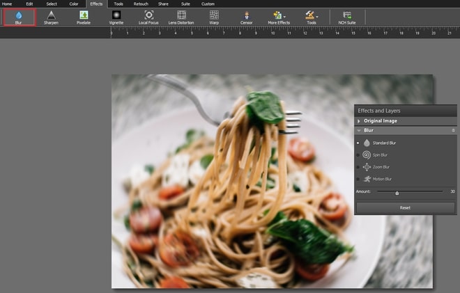 Image displaying how to blur entire PSD image in PhotoPad Photo Editor