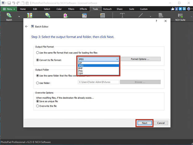 Select output format and save file.