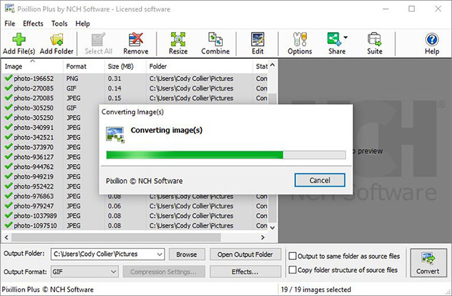 Screenshot of image files being converted with Pixillion Image Converter Software