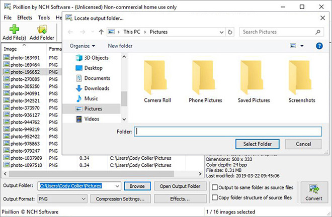 Image displaying how to select an output folder in Pixillion Image Converter Software