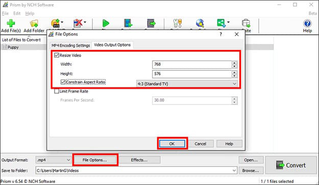 Resize video dimensions under File Options.