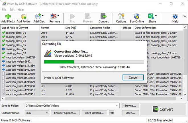 Screenshot of Blu-ray files being converted to MOV with Prism Video Converter Software