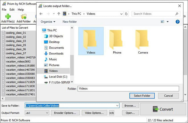 Image displaying how to select an output folder in Prism Video Converter Software