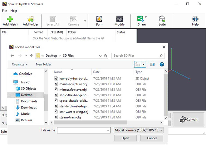 Image displaying how to import 3D files into Spin 3D Mesh Converter Software