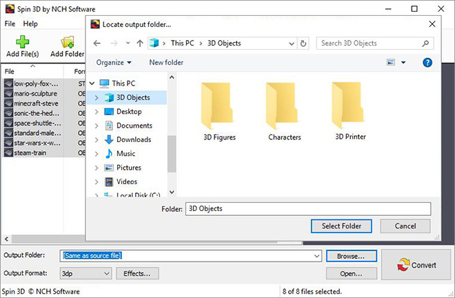 Image displaying how to select an output folder in Spin 3D Mesh Converter Software